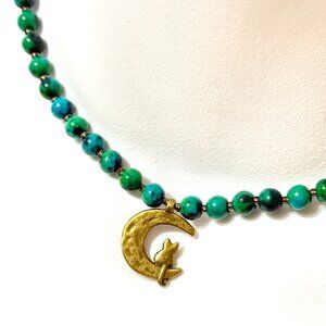 Teal Chrysocolla Short Necklace, Genuine Gemstone & Bronze Cat on the Moon Charm